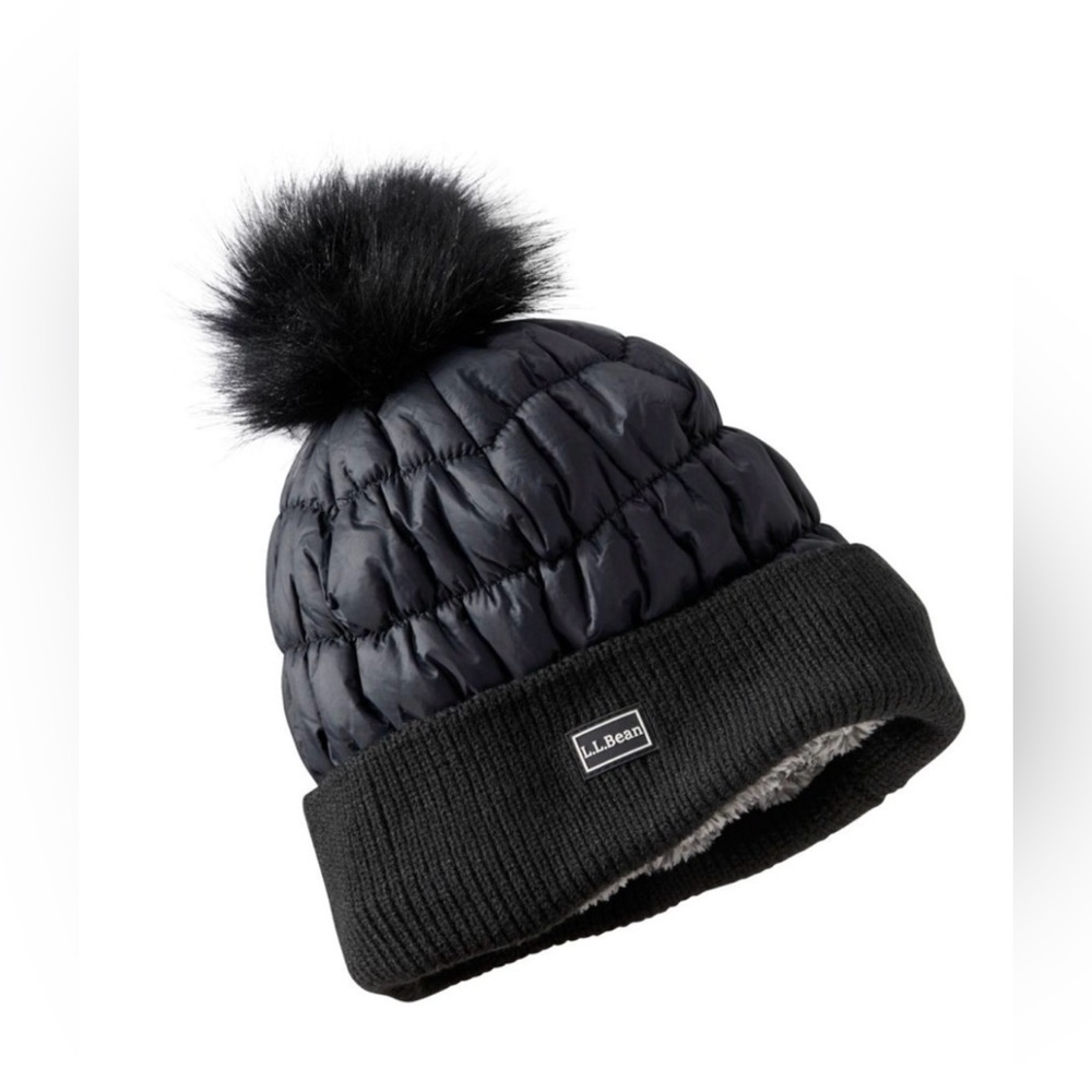L.L. Bean Black Quilted Puffer Pom Beanie Hat with Faux-Fur Pom